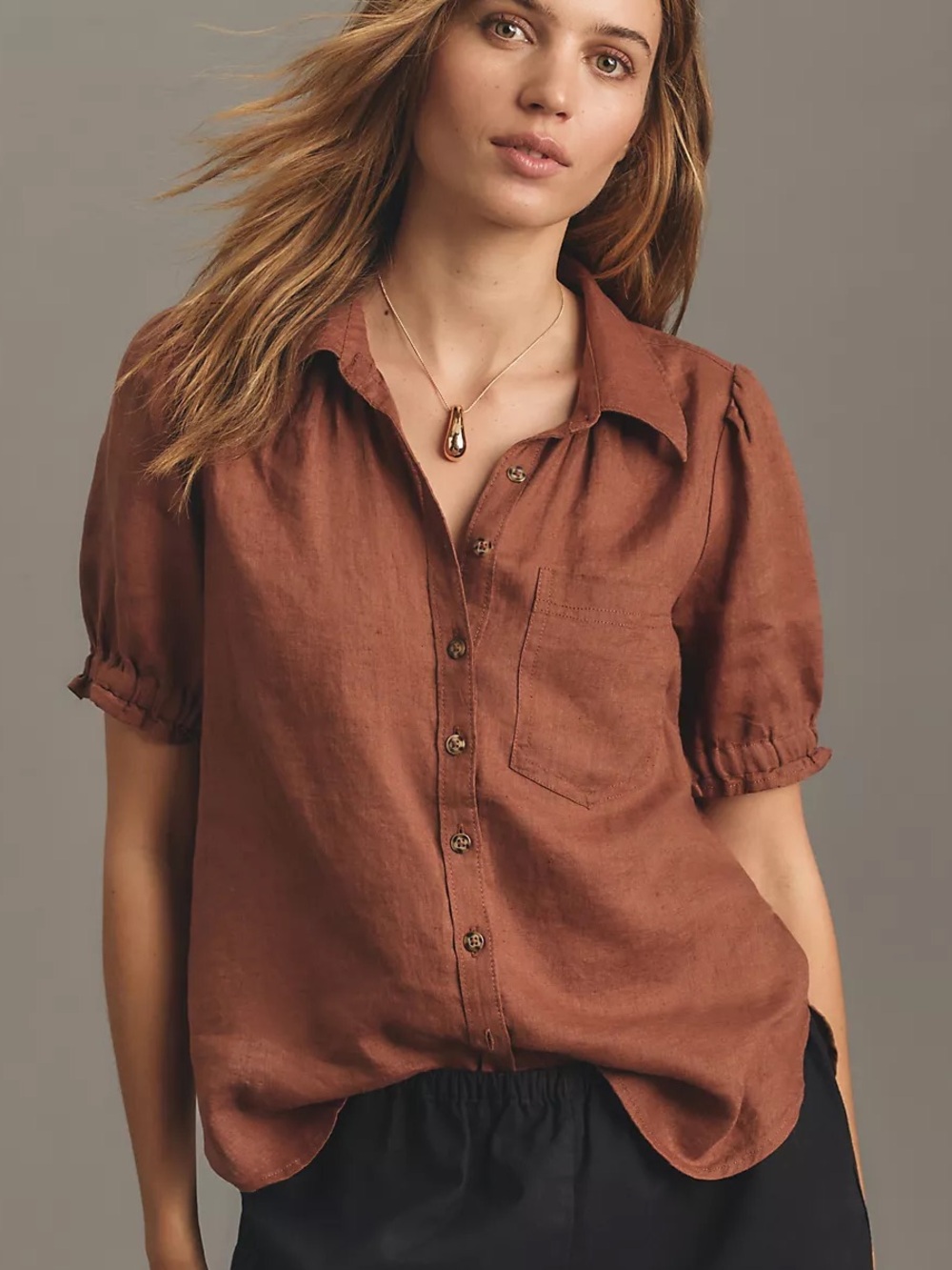 PILCRO Aly Linen Puff-Sleeve 100% Linen Shirt Top Brown Medium Cottagecore